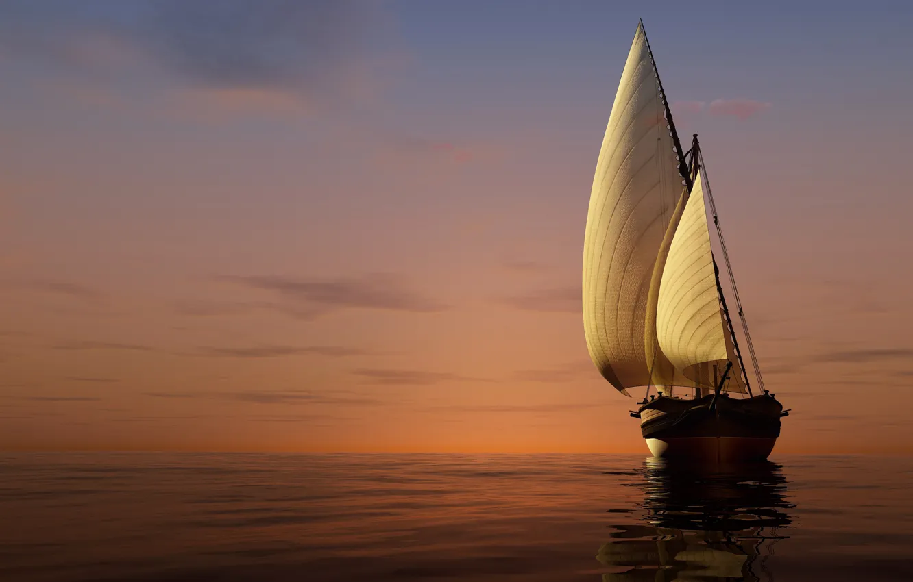 Photo wallpaper sea, the sky, sunset, yacht, horizon, sails, 3D