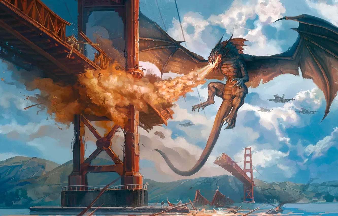 Photo wallpaper bridge, dragon, destruction