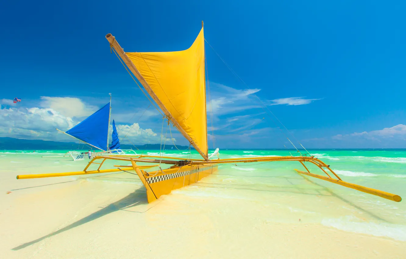 Photo wallpaper sea, the sky, mountains, boat, sail