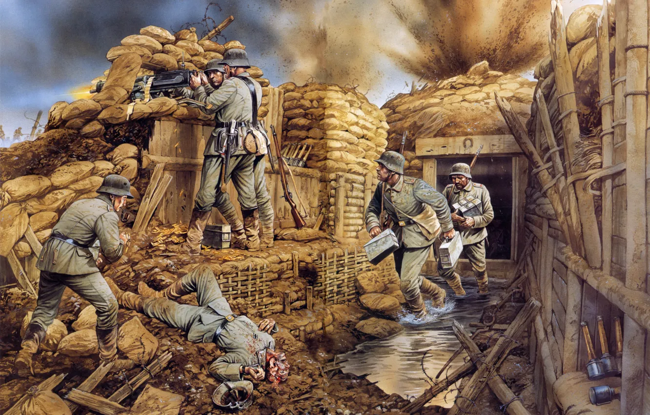 Photo wallpaper ambush, soldiers, corpses, the Germans, machine gun