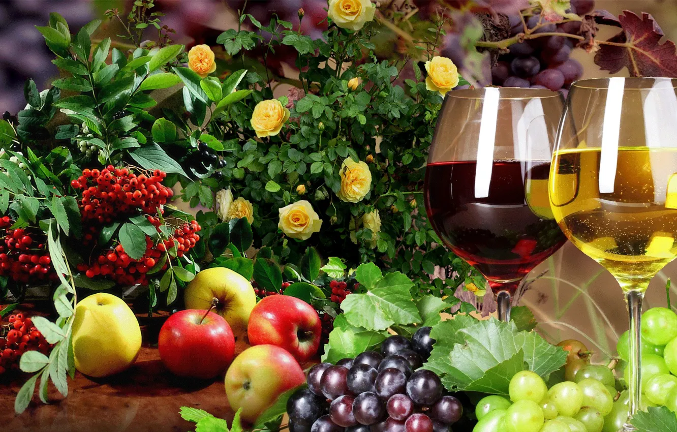 Photo wallpaper apples, roses, glasses, grapes, fruit, still life, Rowan