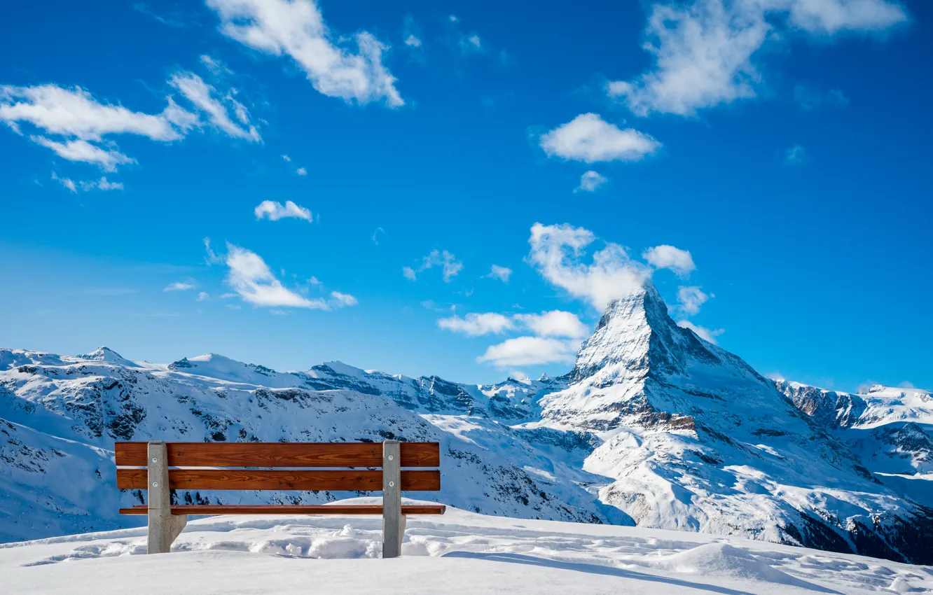 Photo wallpaper snow, mountains, Switzerland, bench, Zermatt