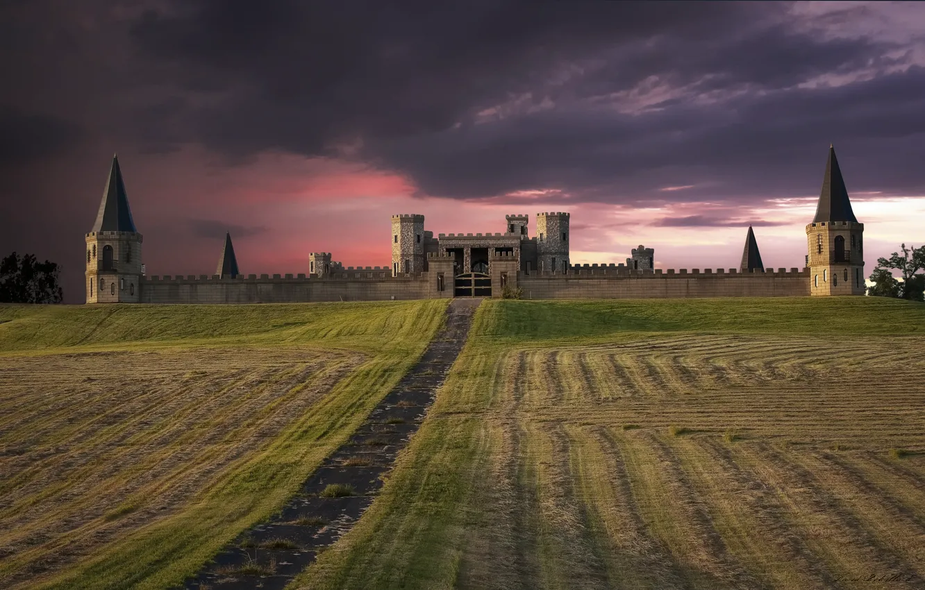 Photo wallpaper field, the sky, sunset, clouds, castle, pink, the evening, USA
