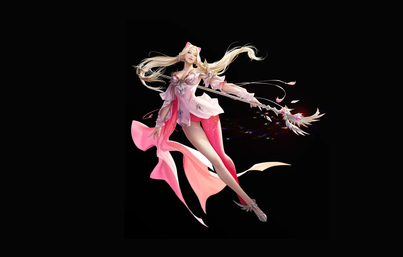 Photo wallpaper girl, background, fiction, blonde, staff, girl, pink, fantasy