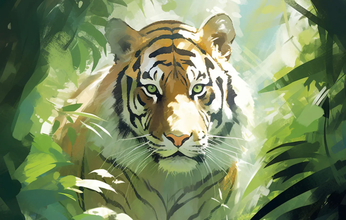 Photo wallpaper look, trees, tiger, predator, art, big cat, digital art, imitation painting