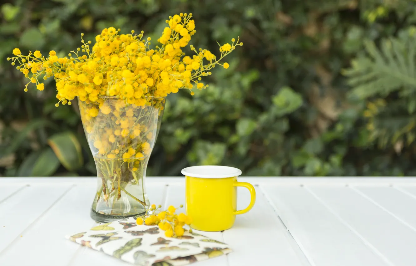 Photo wallpaper flowers, yellow, bouquet, Cup, Notepad, vase, wood, notebook