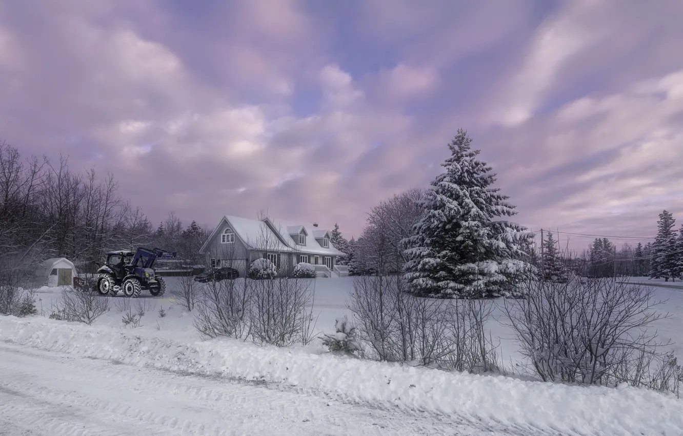 Photo wallpaper winter, house, tractor