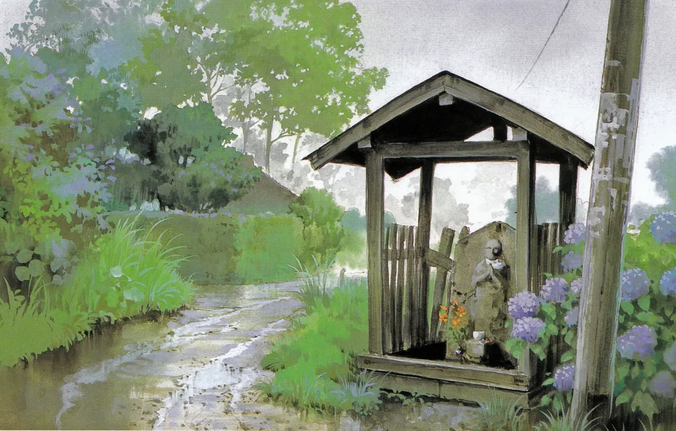 Photo wallpaper summer, grass, trees, rain, track, my neighbor Totoro, tonari no totoro, hydrangea