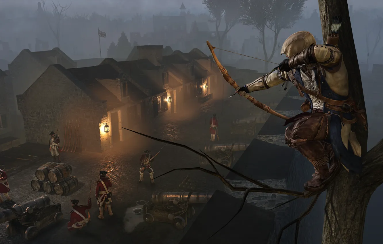 Photo wallpaper night, the city, people, bow, soldiers, arrow, assassin, Assassin's Creed III