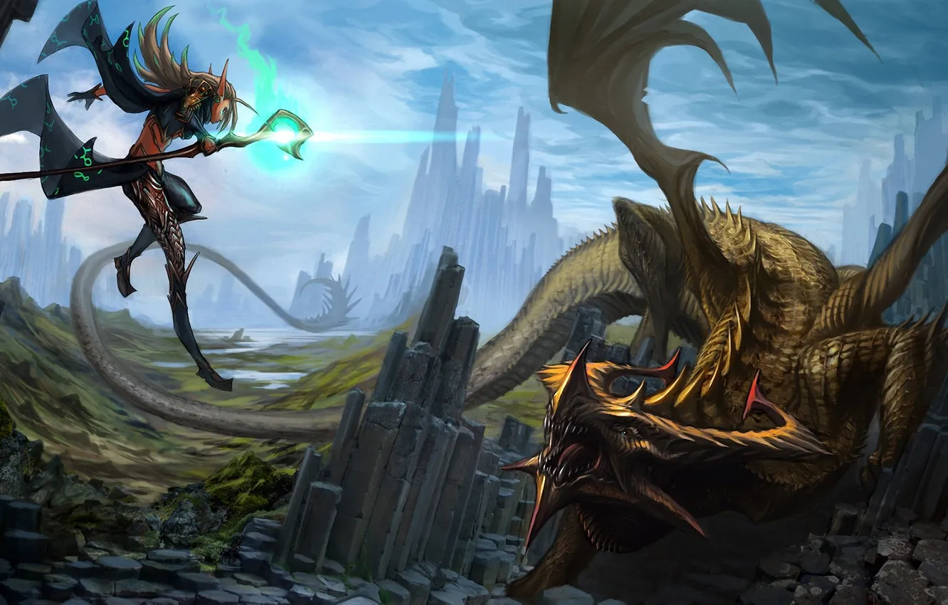 Photo wallpaper rocks, jump, magic, dragon, fantasy, art, staff, battle
