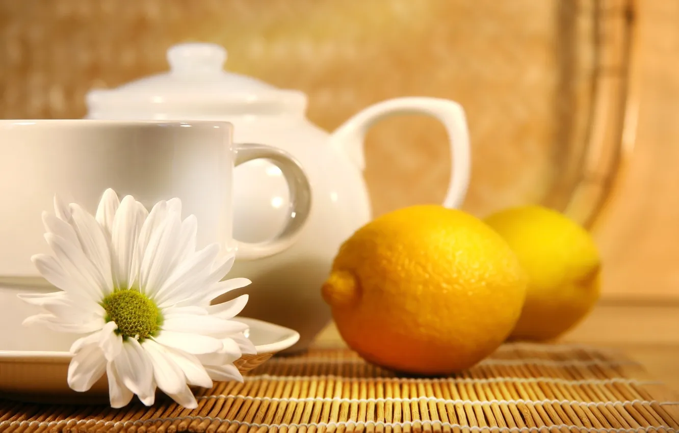 Photo wallpaper lemon, tea, Daisy, kettle, Cup, lemon, tea