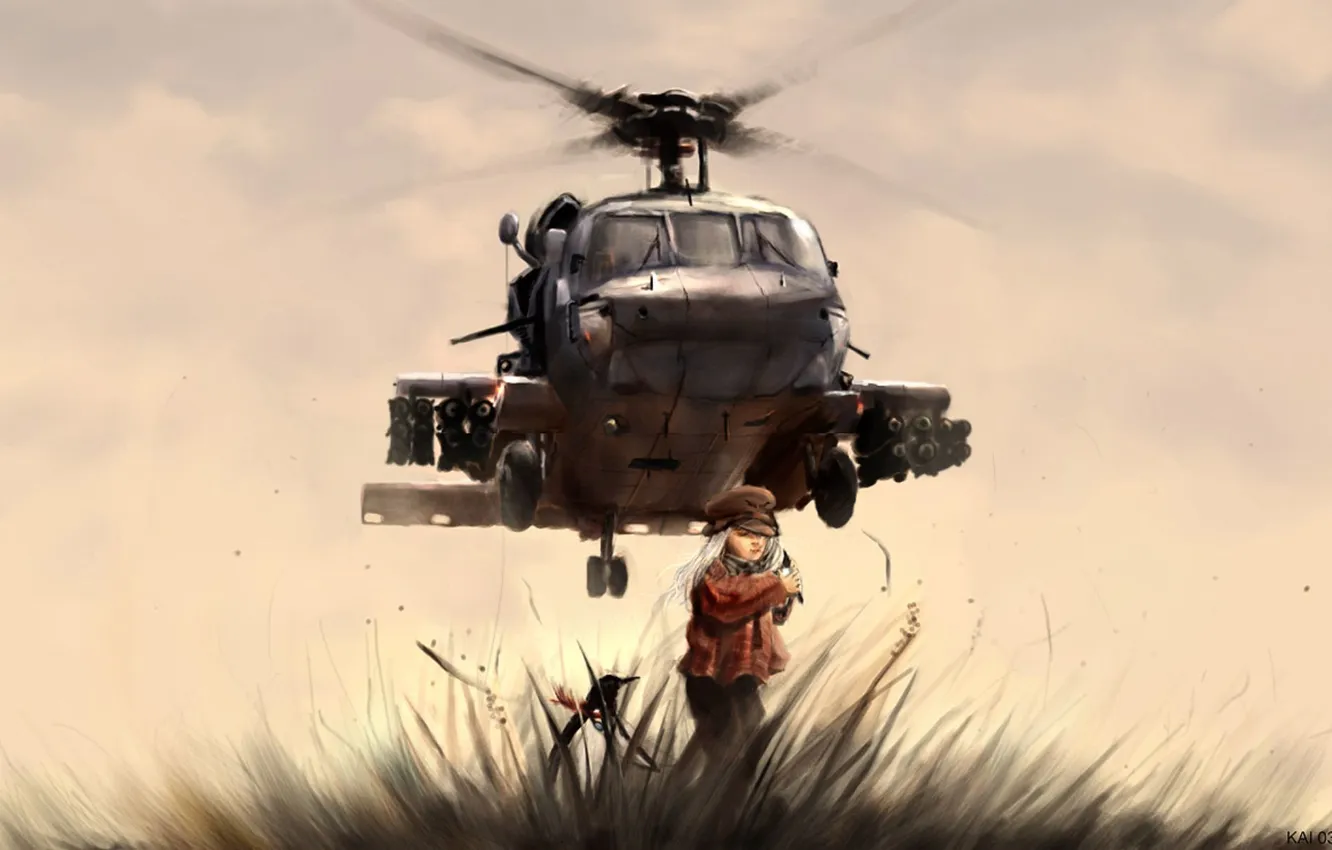 Photo wallpaper grass, figure, penguins, girl, helicopter