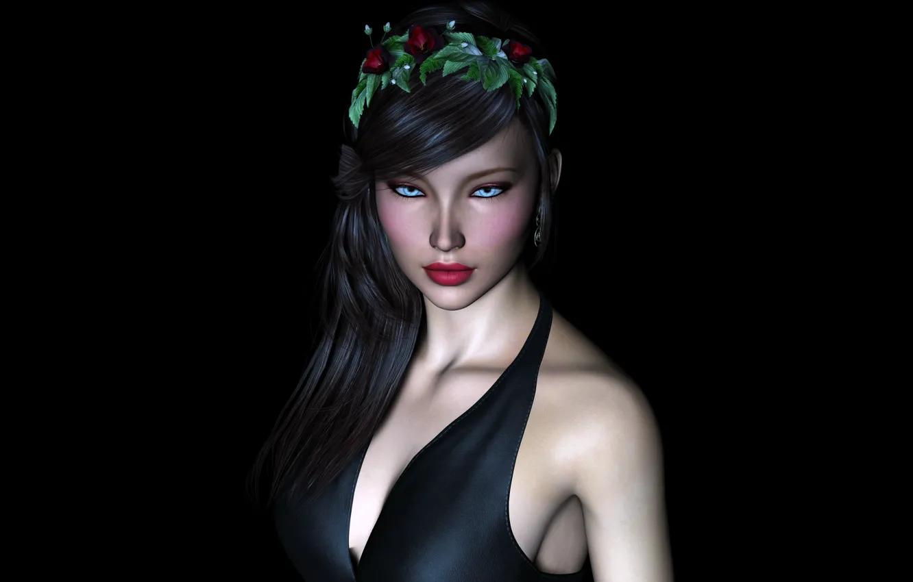 Photo wallpaper girl, portrait, wreath, black background