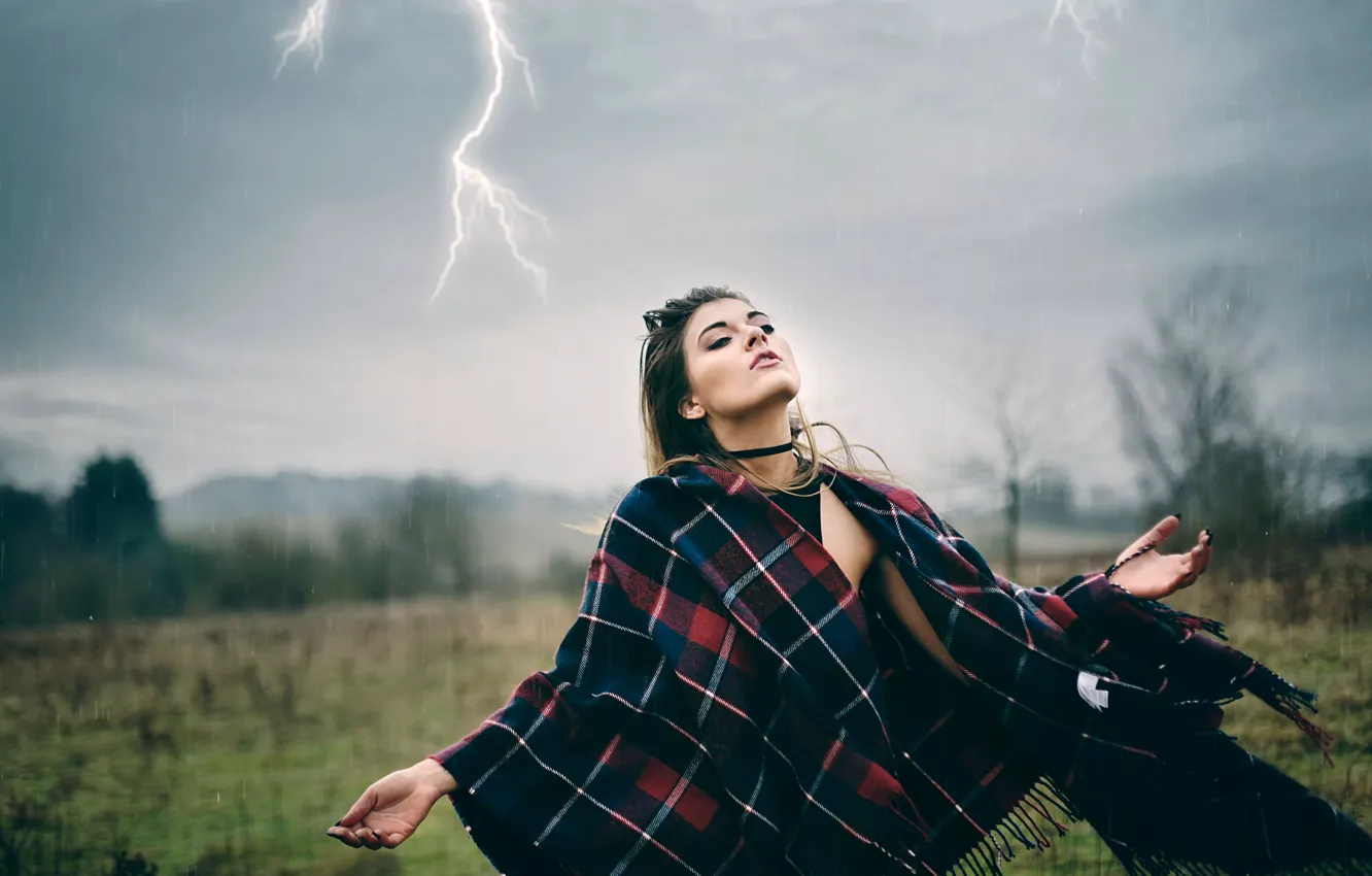 Photo wallpaper girl, rain, the wind, zipper, bad weather
