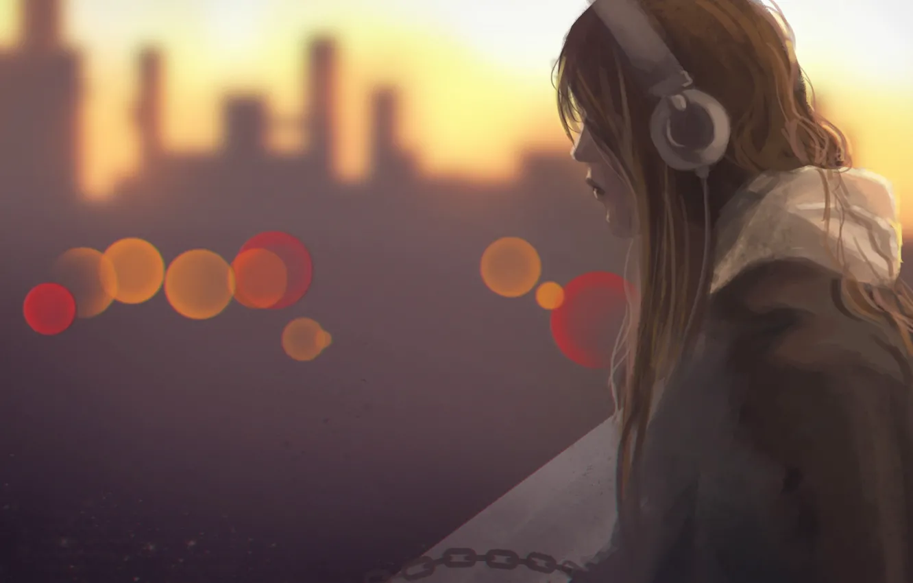 Photo wallpaper girl, headphones, city lights
