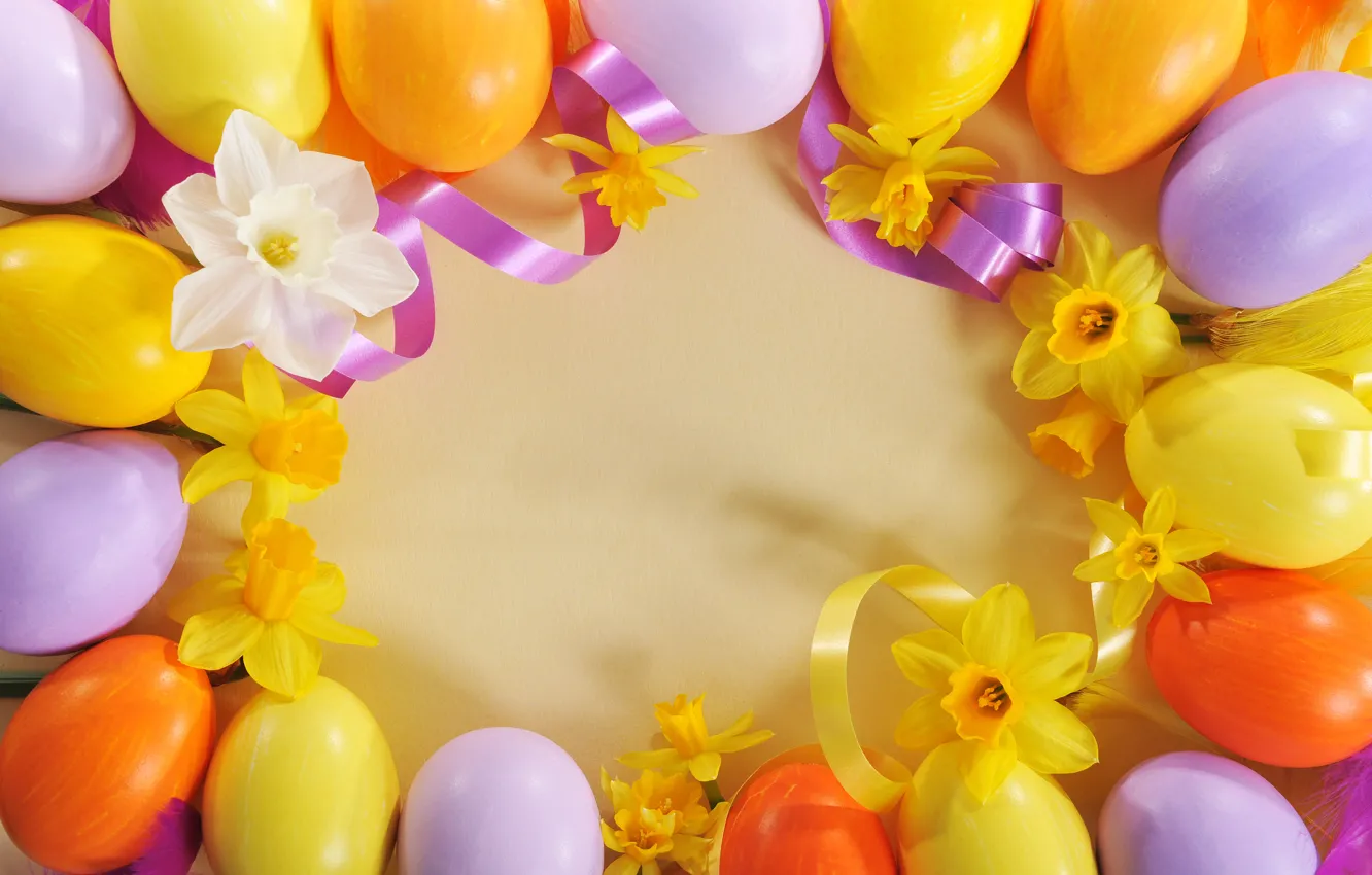 Photo wallpaper flowers, eggs, Easter, tape, flowers, daffodils, spring, Easter