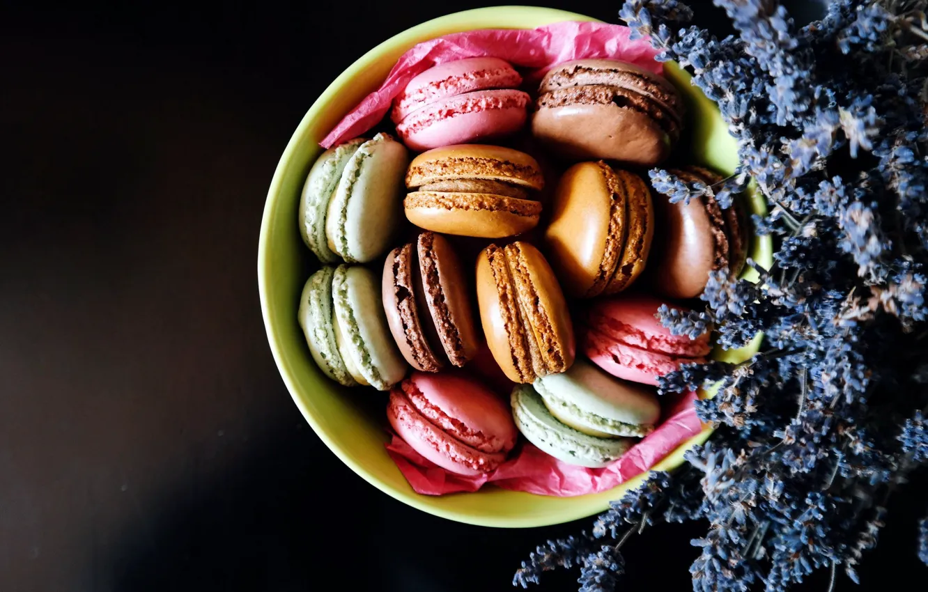 Photo wallpaper food, cookies, plate, lavender, macaron