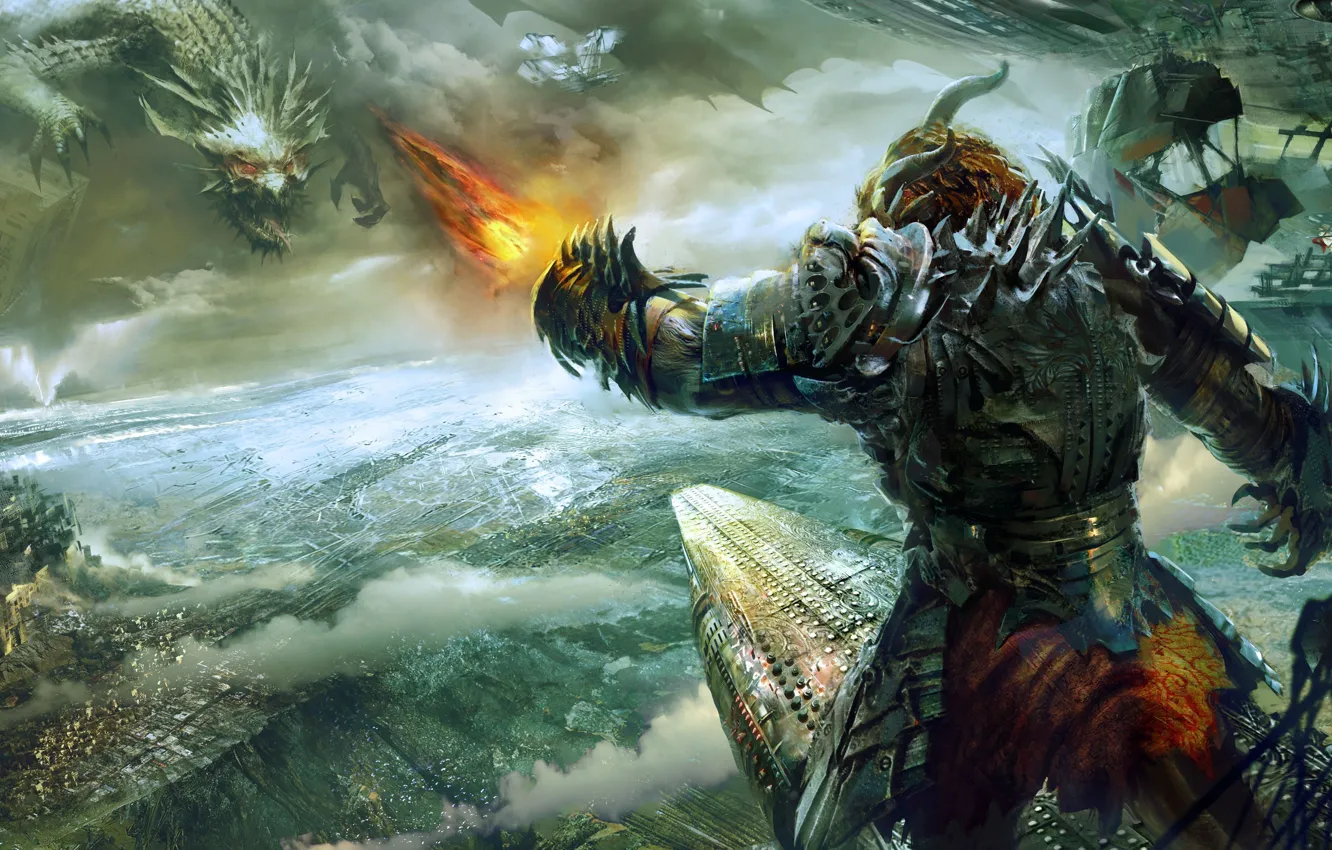 Photo wallpaper sea, clouds, storm, dragon, ships, armor, the demon, demon