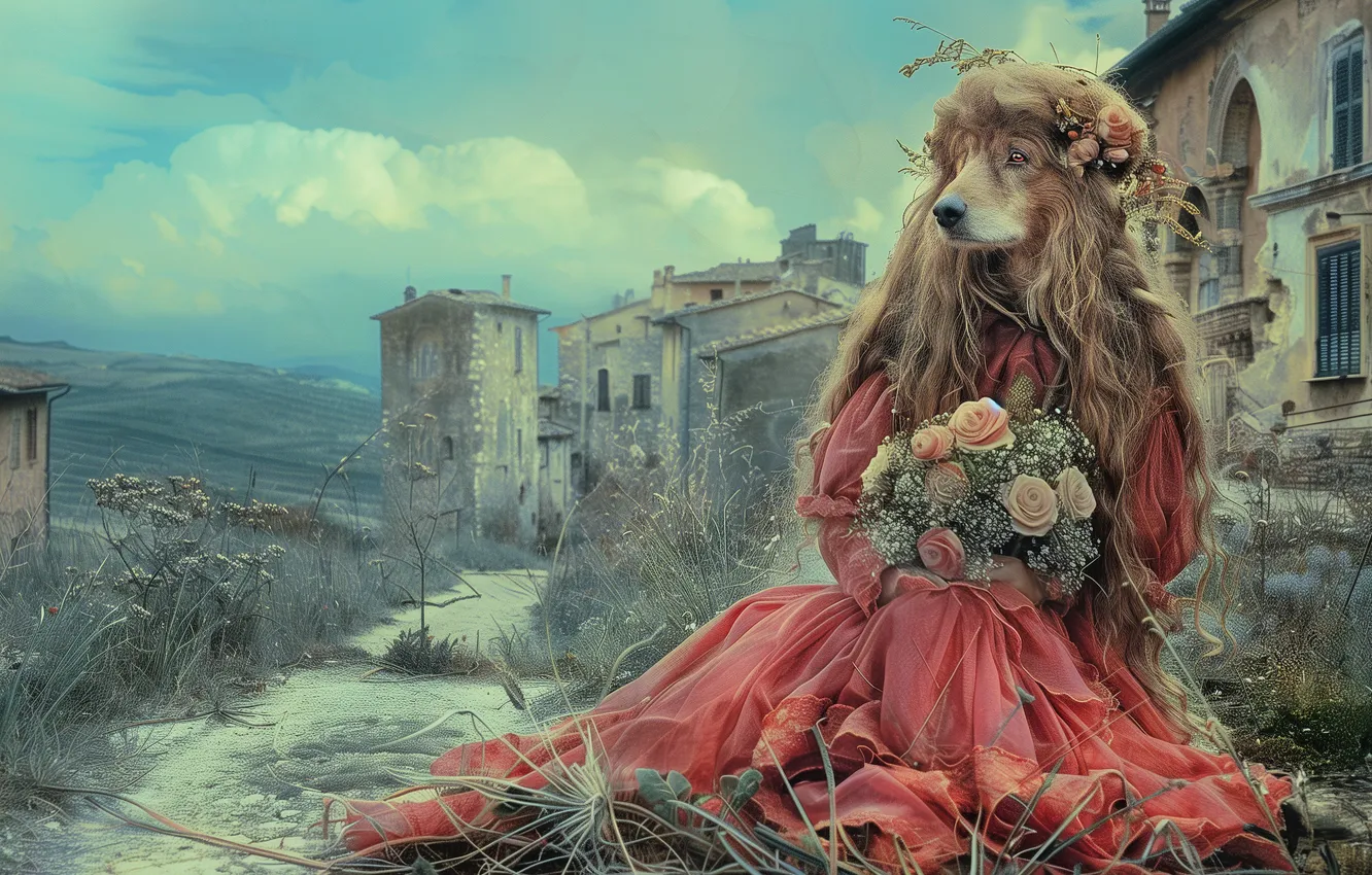 Photo wallpaper neural network, dog, flowers, bouquet, AI art, blonde, Princess, castle