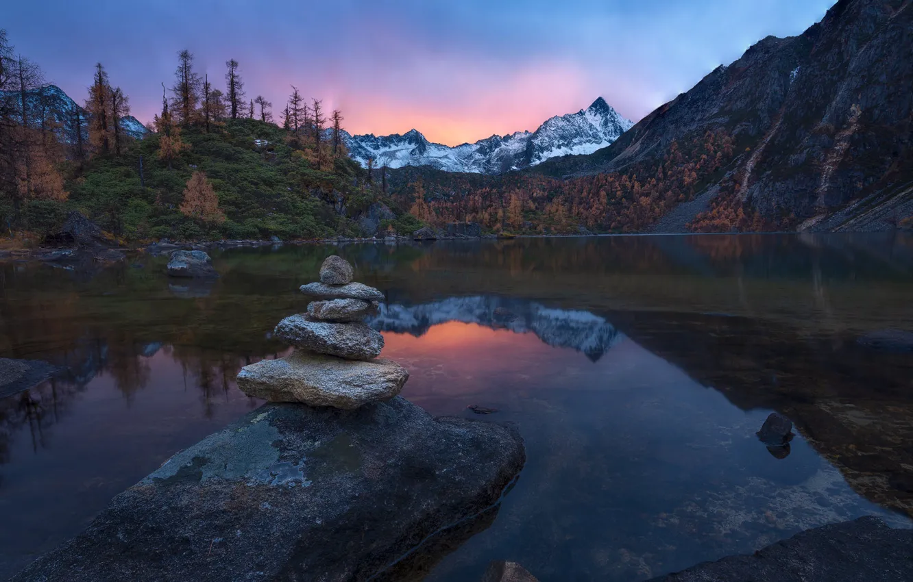 Photo wallpaper autumn, forest, the sky, snow, mountains, lake, reflection, stones
