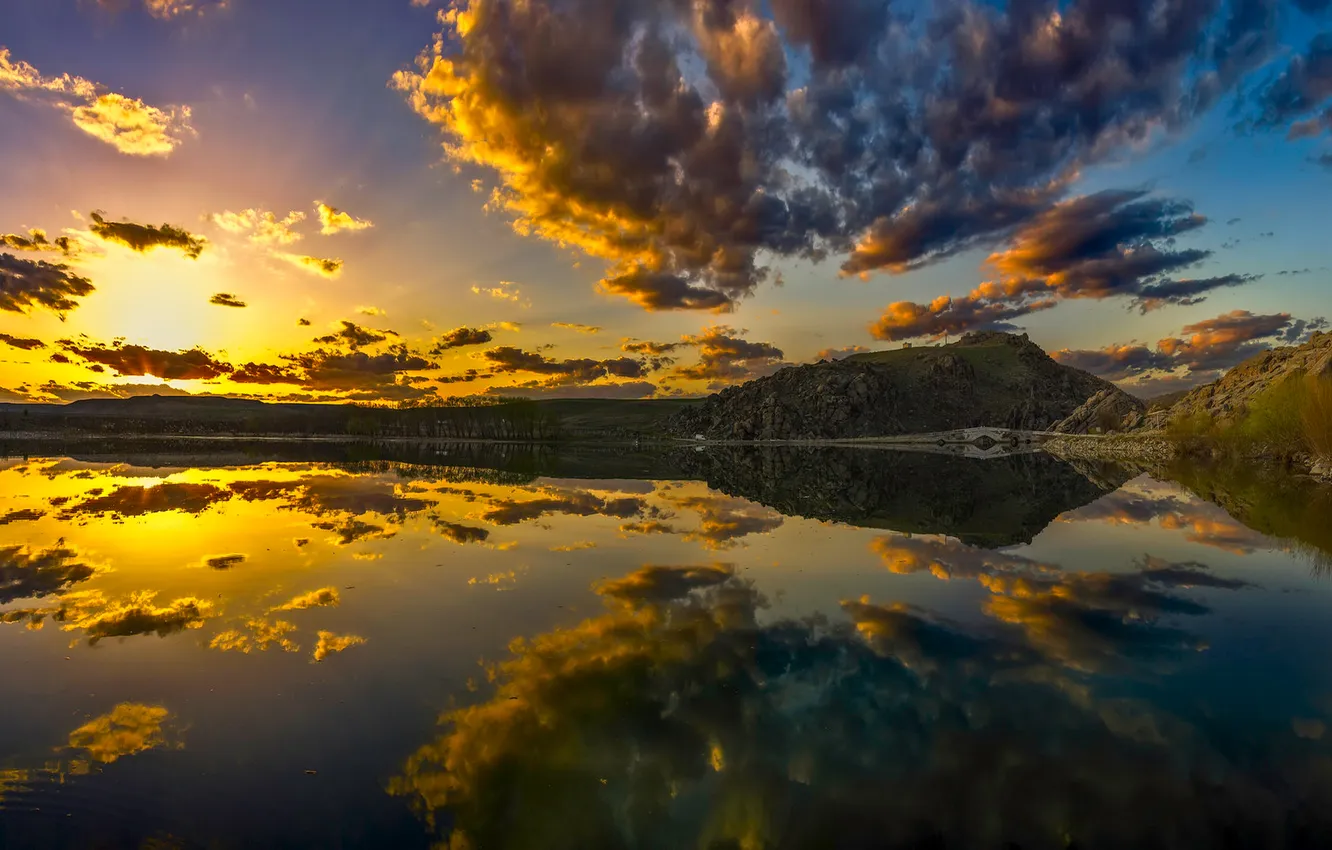 Photo wallpaper the sky, the sun, clouds, rays, light, mountains, lake, reflection