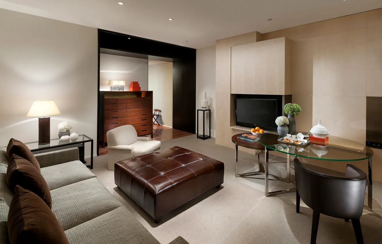Photo wallpaper design, style, grey, room, sofa, interior, TV, chairs