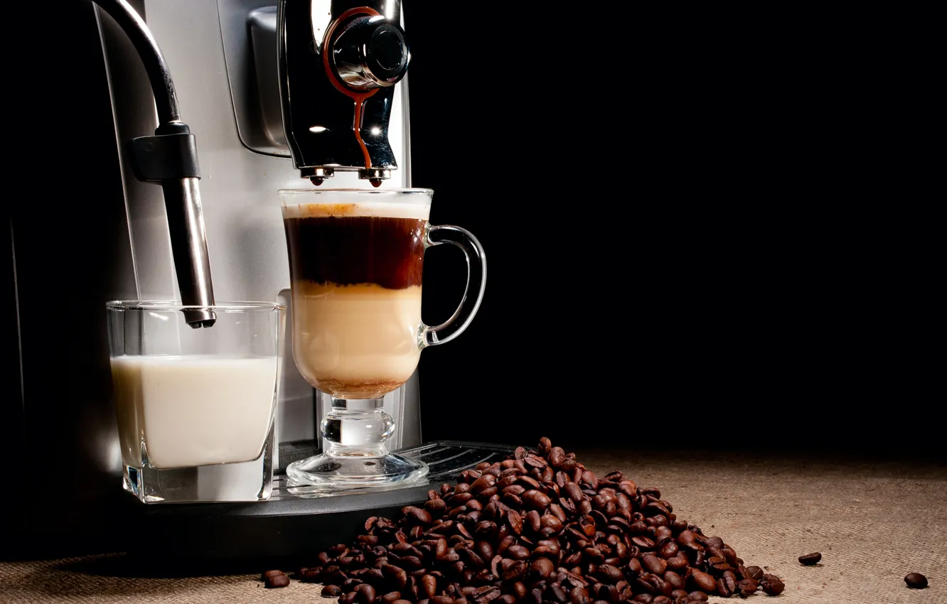 Photo wallpaper glass, coffee, grain, milk, drink, coffee machine
