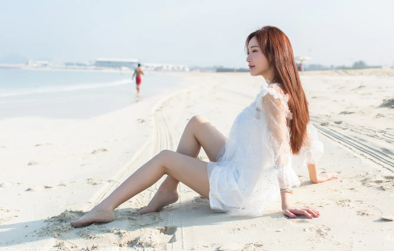 Photo wallpaper sand, sea, beach, the sun, landscape, pose, model, portrait
