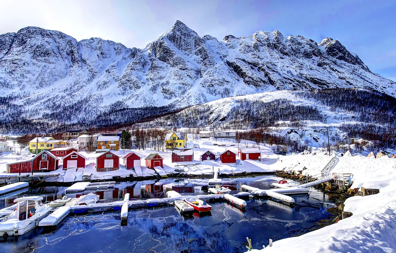 Photo wallpaper winter, the sky, clouds, snow, mountains, home, Bay, Norway