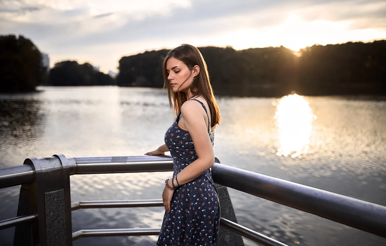 Photo wallpaper trees, nature, river, model, portrait, makeup, dress, hairstyle