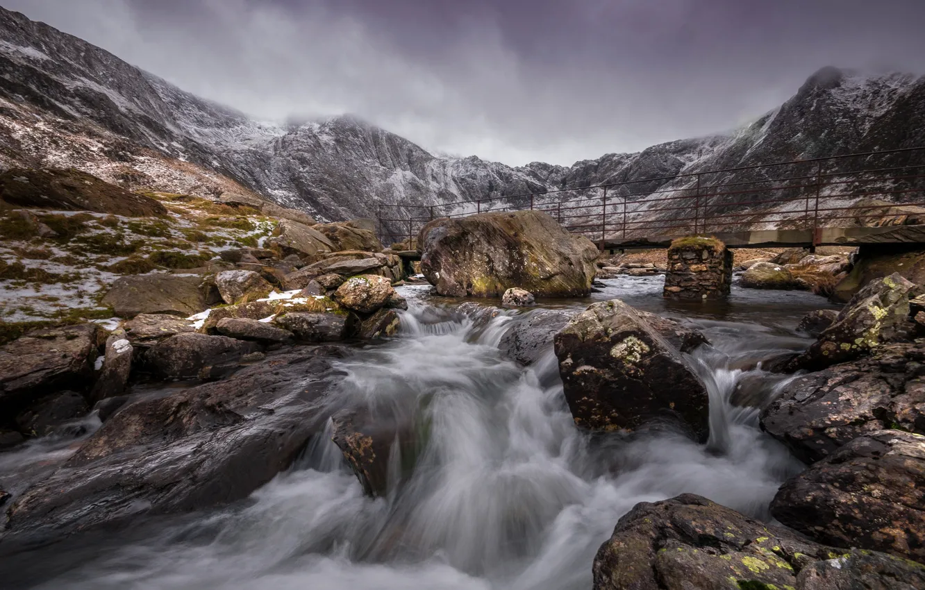 Photo wallpaper mountains, bridge, river, stones, Wales, Snowdonia