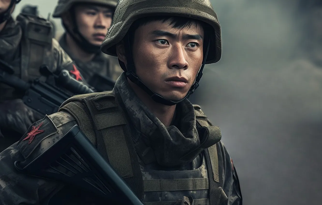 Photo wallpaper soldiers, machine, male, helmet, Asian, digital art, AI art, The Art of Artificial Intelligence