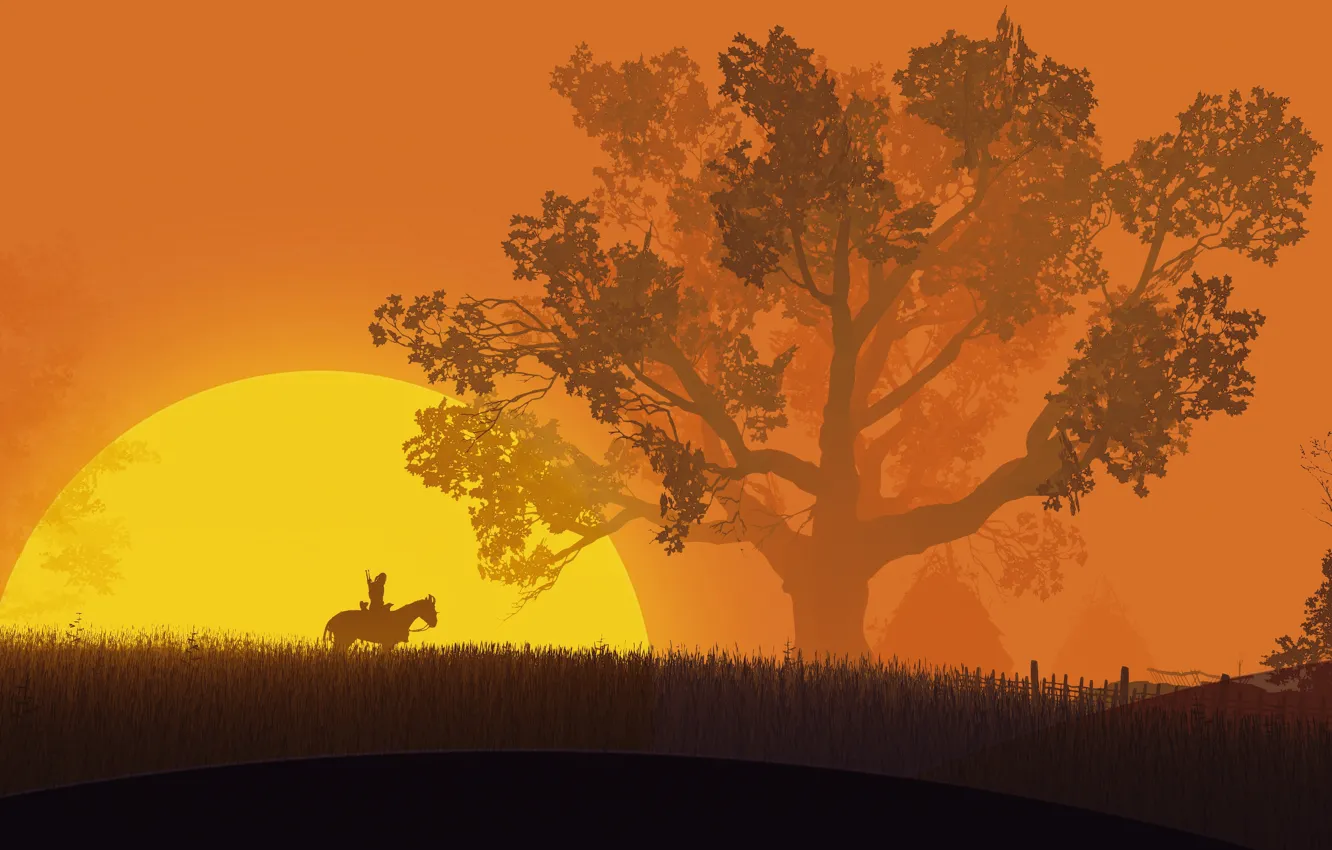 Photo wallpaper fantasy, game, The Witcher, field, weapon, tree, sun, horse
