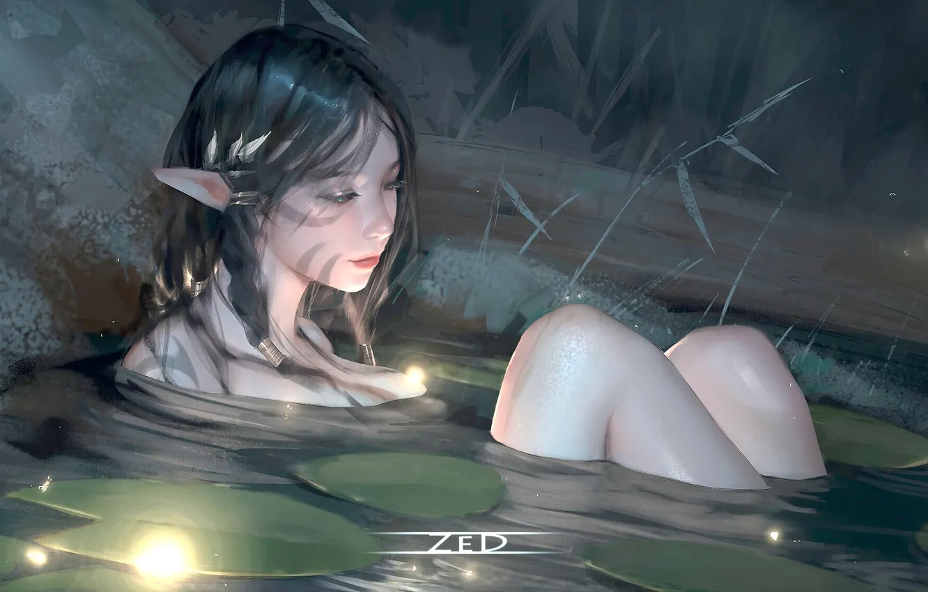 Photo wallpaper girl, fantasy, water, night, leaves, tattoo, elf, digital art