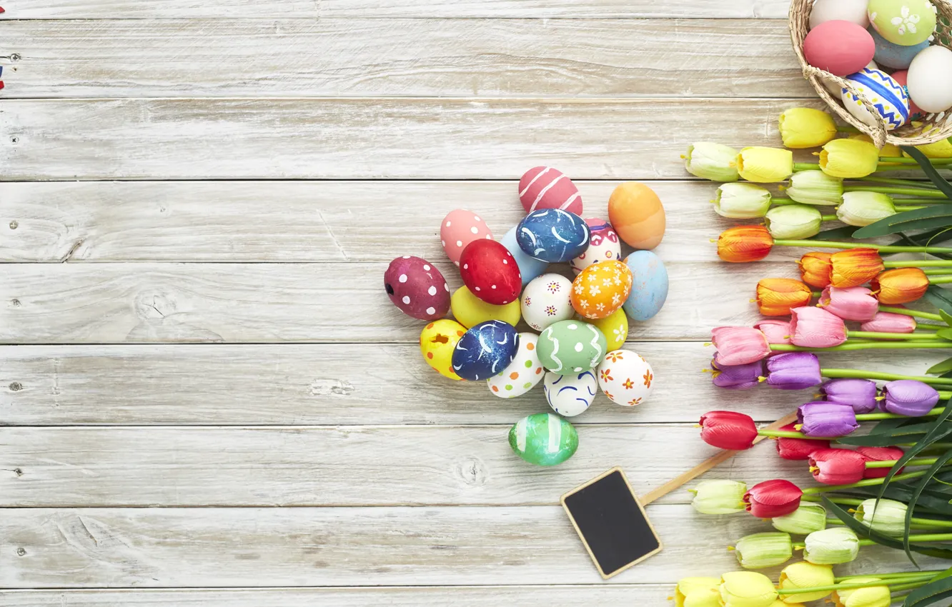 Photo wallpaper flowers, eggs, spring, colorful, Easter, tulips, wood, flowers