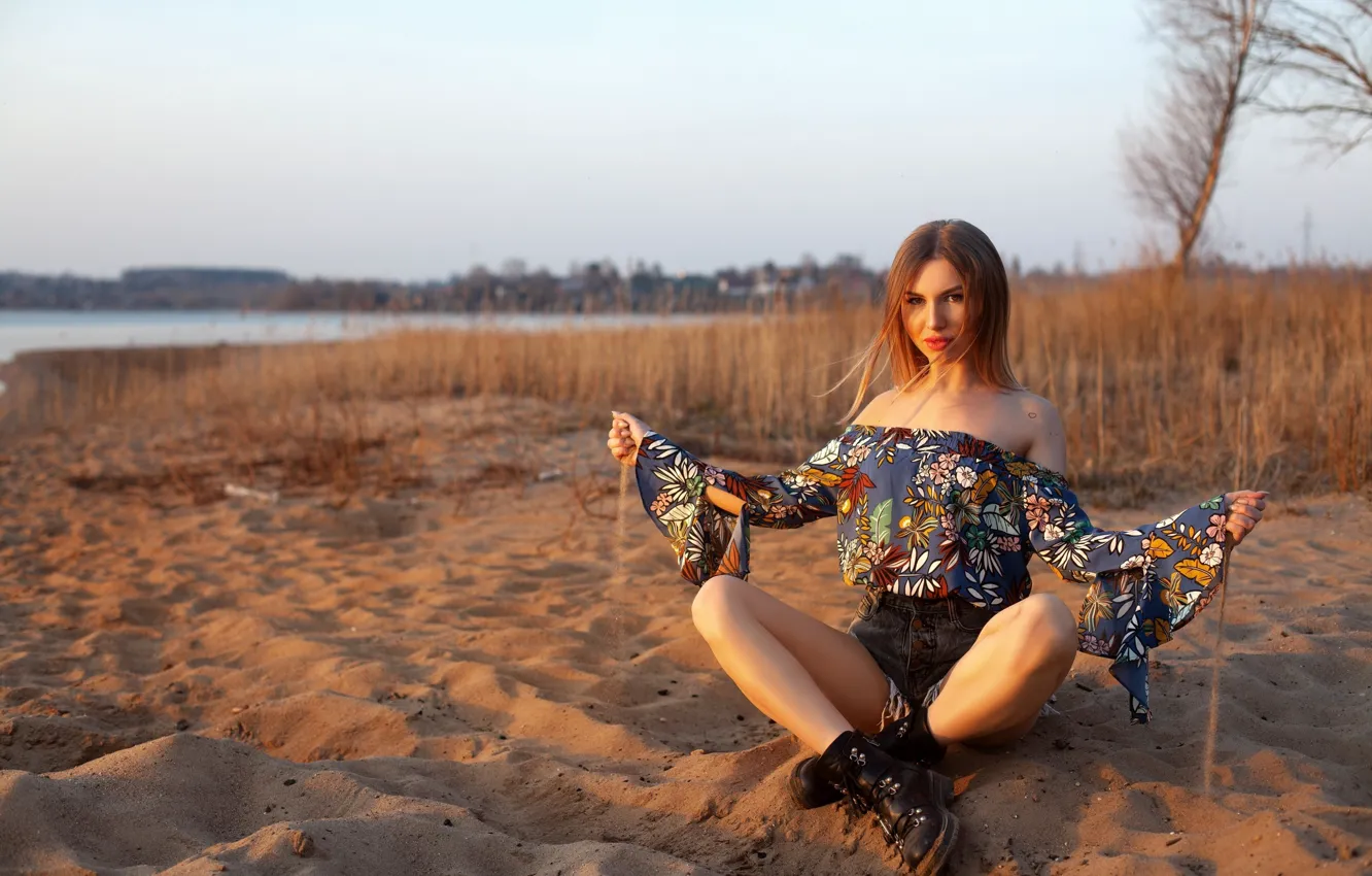 Photo wallpaper blouse, sky, nature, lake, model, tattoo, women, brunette