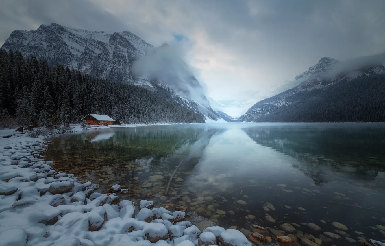 Photo wallpaper winter, frost, forest, clouds, snow, mountains, fog, lake