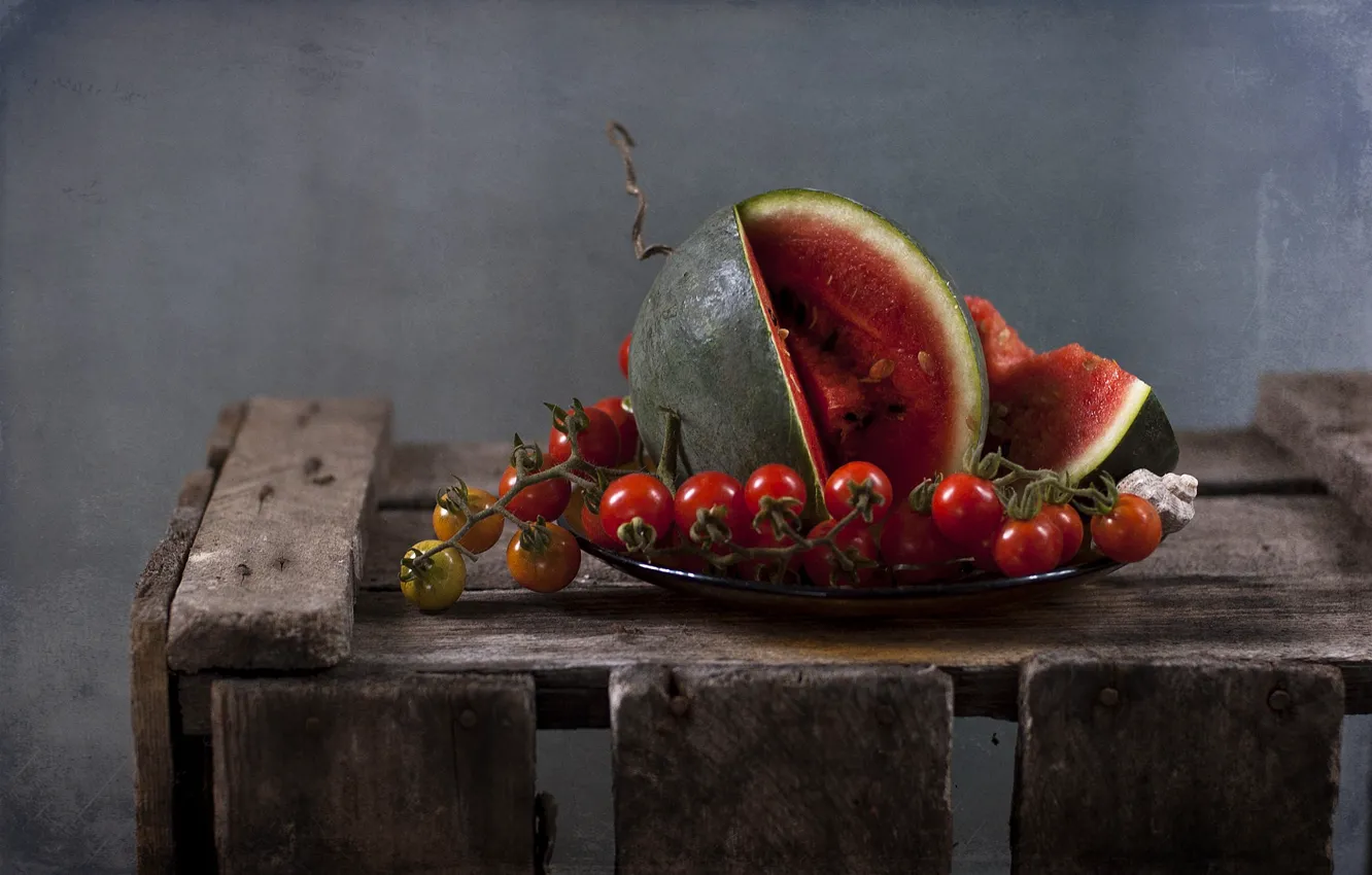 Photo wallpaper berries, watermelon, still life, brush, tomatoes, Cheri