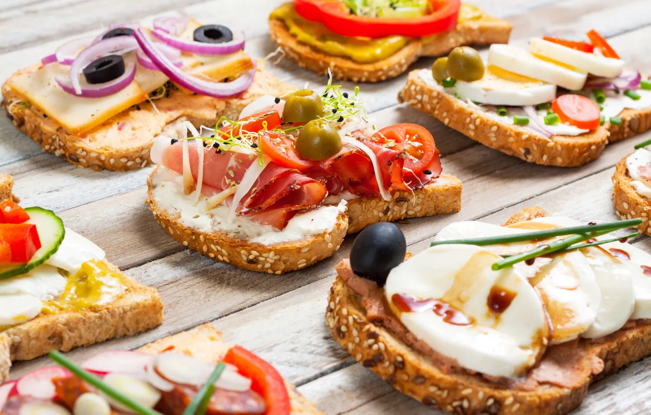 Photo wallpaper cheese, tomatoes, olives, bacon, tomatoes, cheese, sandwiches, ham