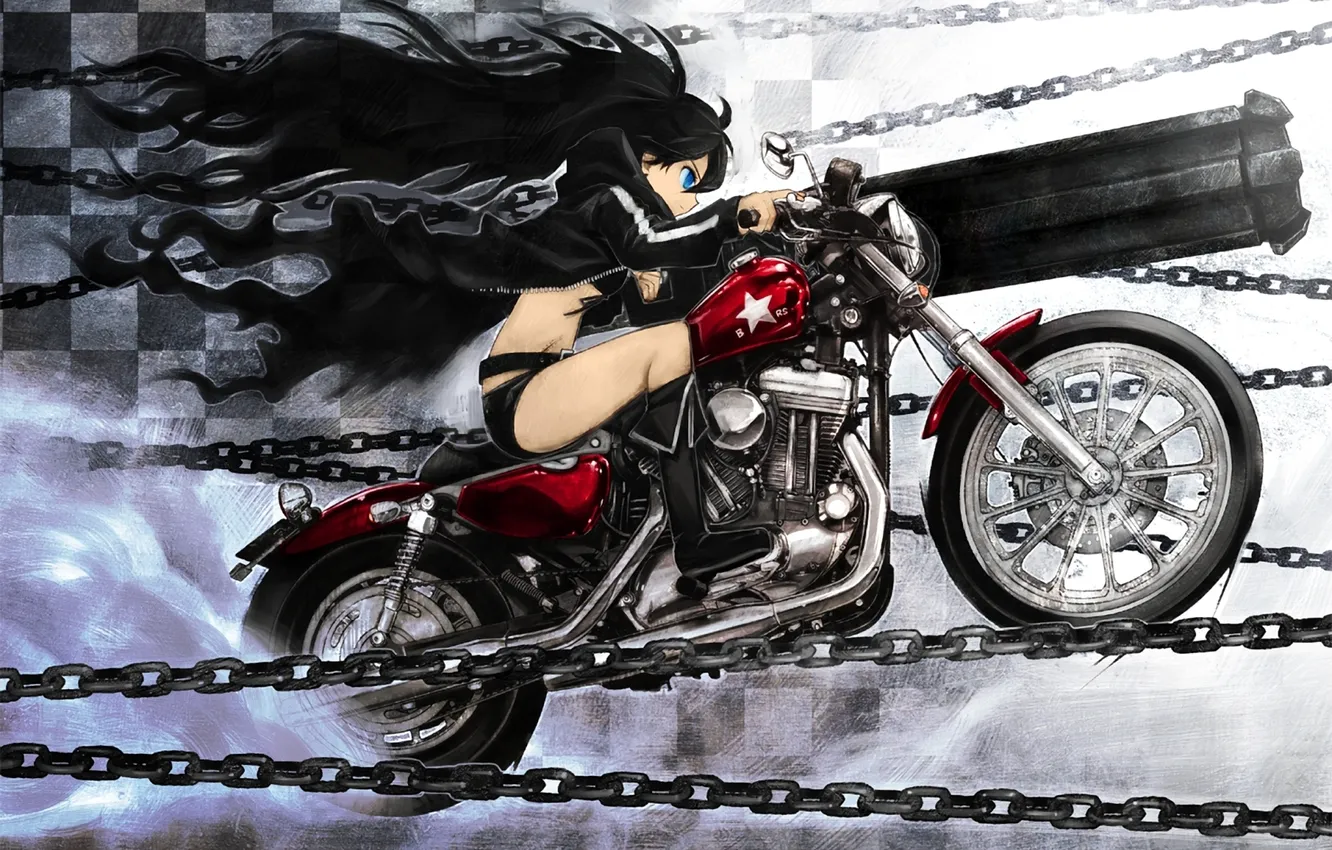 Photo wallpaper weapons, art, chain, motorcycle, black rock shooter, catch the worm, boyaking