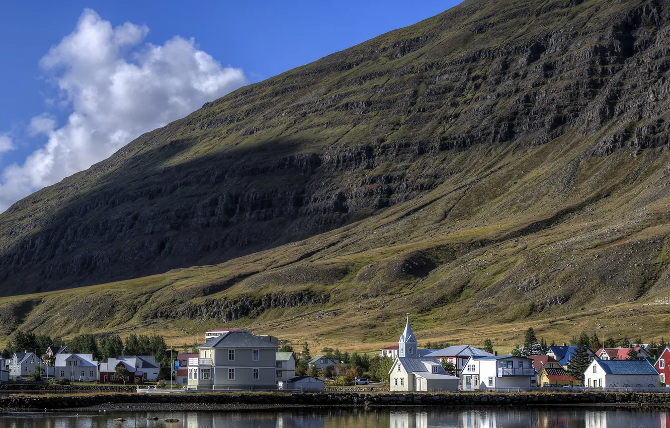 Photo wallpaper the sky, mountains, the city, lake, home