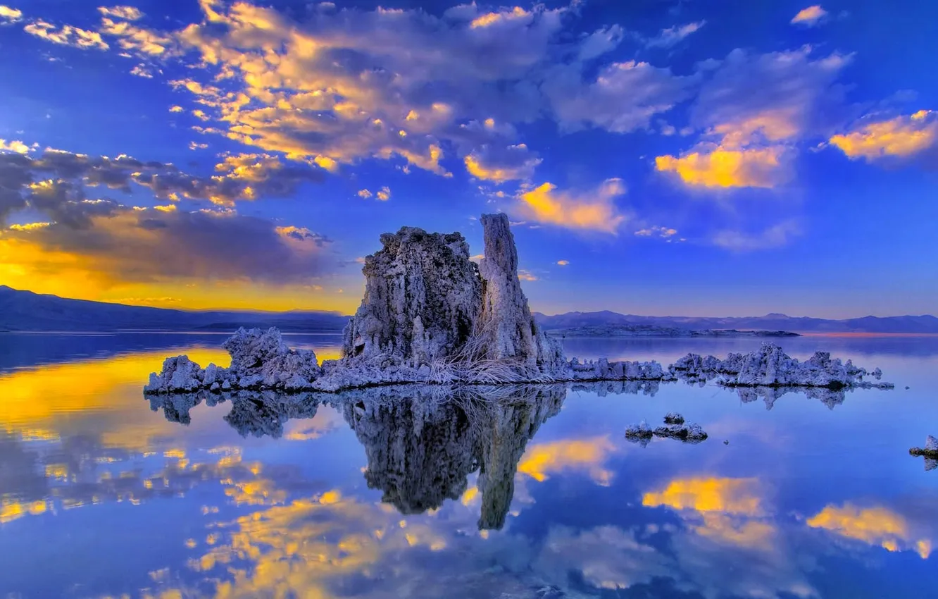Photo wallpaper clouds, landscape, lake, rocks, glow