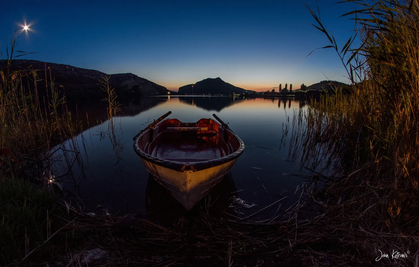 Photo wallpaper mountains, night, nature, lake, boat