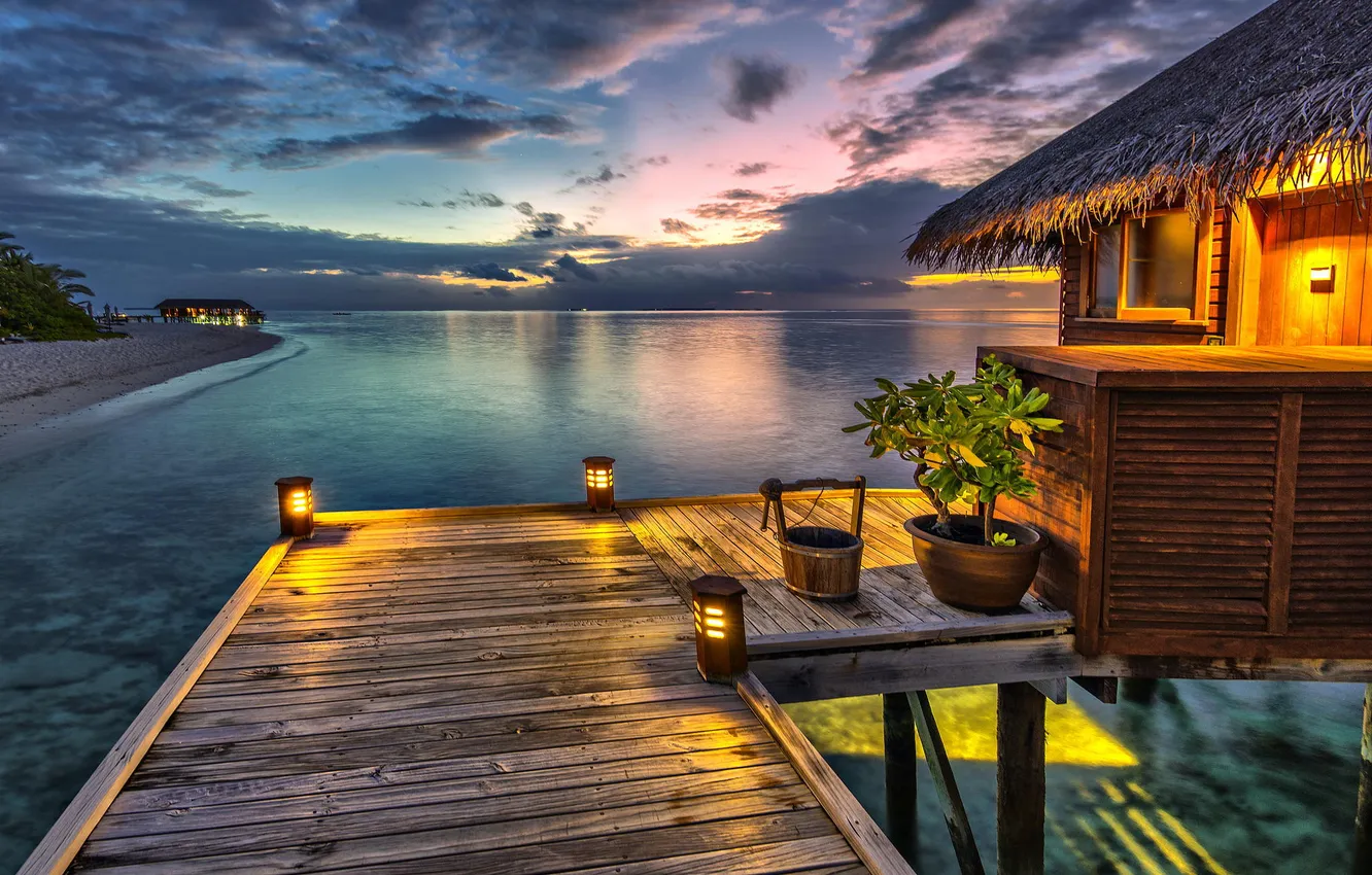 Photo wallpaper the sky, sunset, the ocean, the evening, The Maldives, the bridge, Bungalow