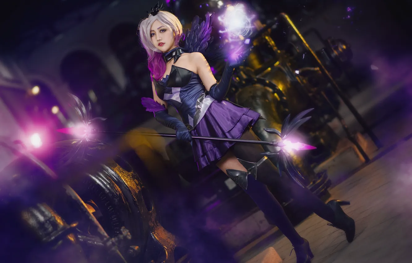 Photo wallpaper purple, look, energy, girl, lights, pose, style, weapons