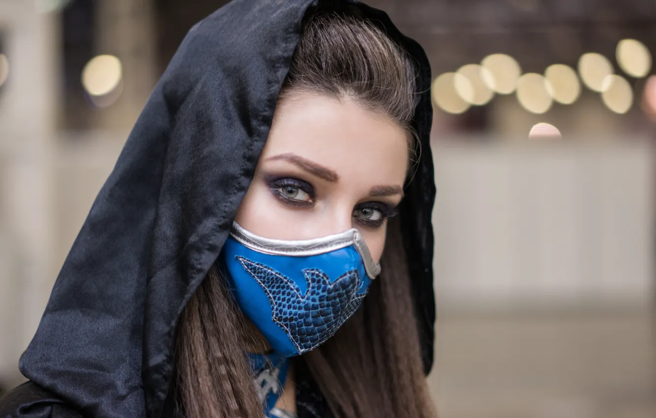 Photo wallpaper look, girl, face, mask