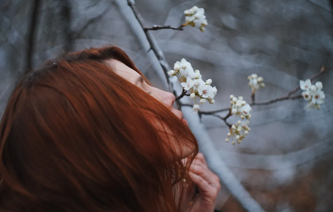 Photo wallpaper girl, trees, flowers, branches, red, white