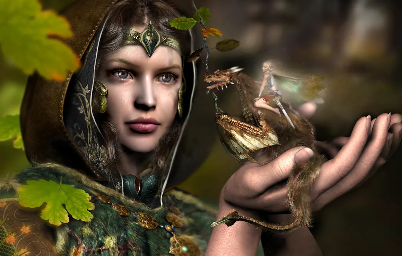 Photo wallpaper girl, dragon, elf, fantasy