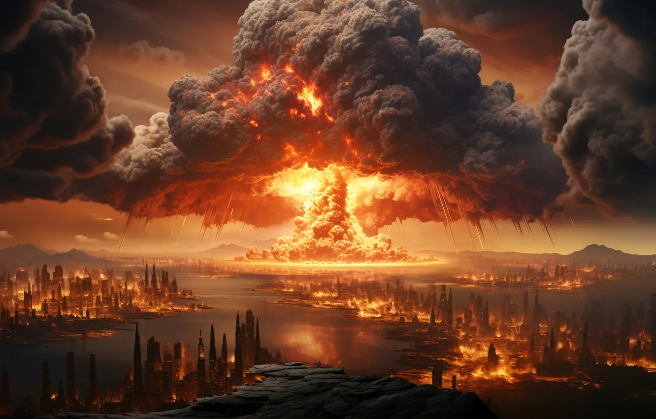 Photo wallpaper Home, The city, River, Fire, Mushroom, The explosion, Clouds, Skyscrapers