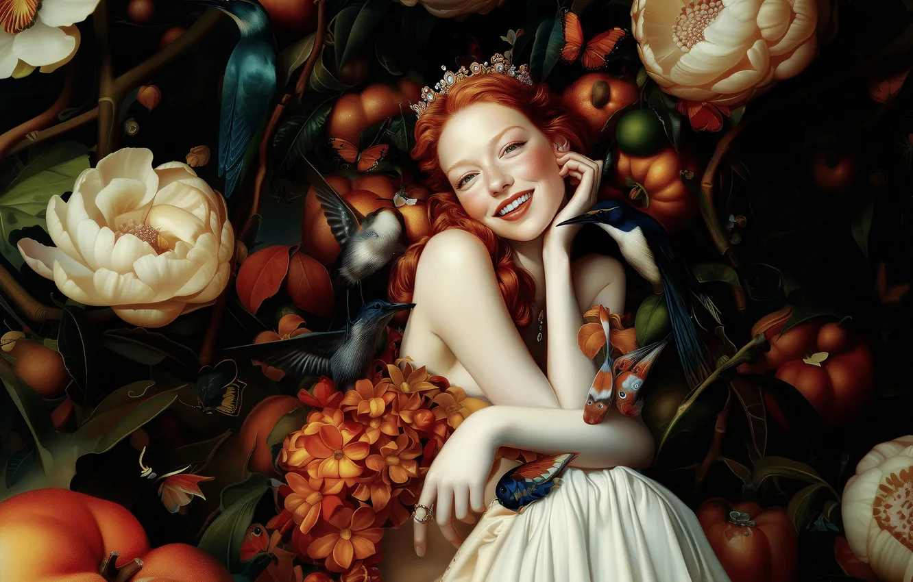 Photo wallpaper girl, flowers, bird, AI art, neural network